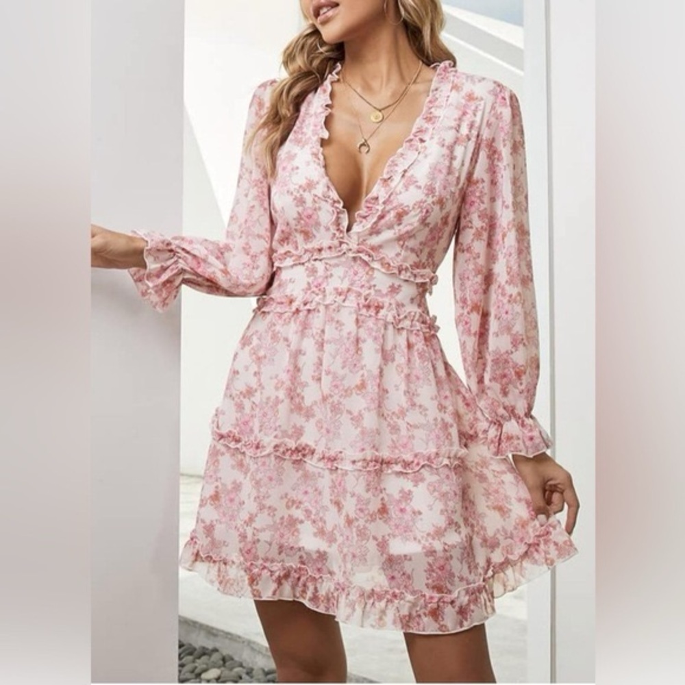 Long Sleeve Pink Ruffle Tiered Mini Dress